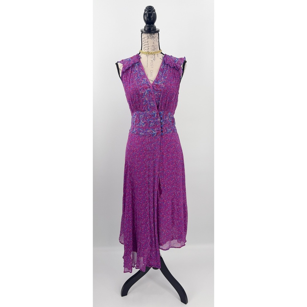 B15 Ba&sh Meryl Midi Dress Womens M Floral Ruffle Asymmetrical Wedding Guest - Picture 4 of 10